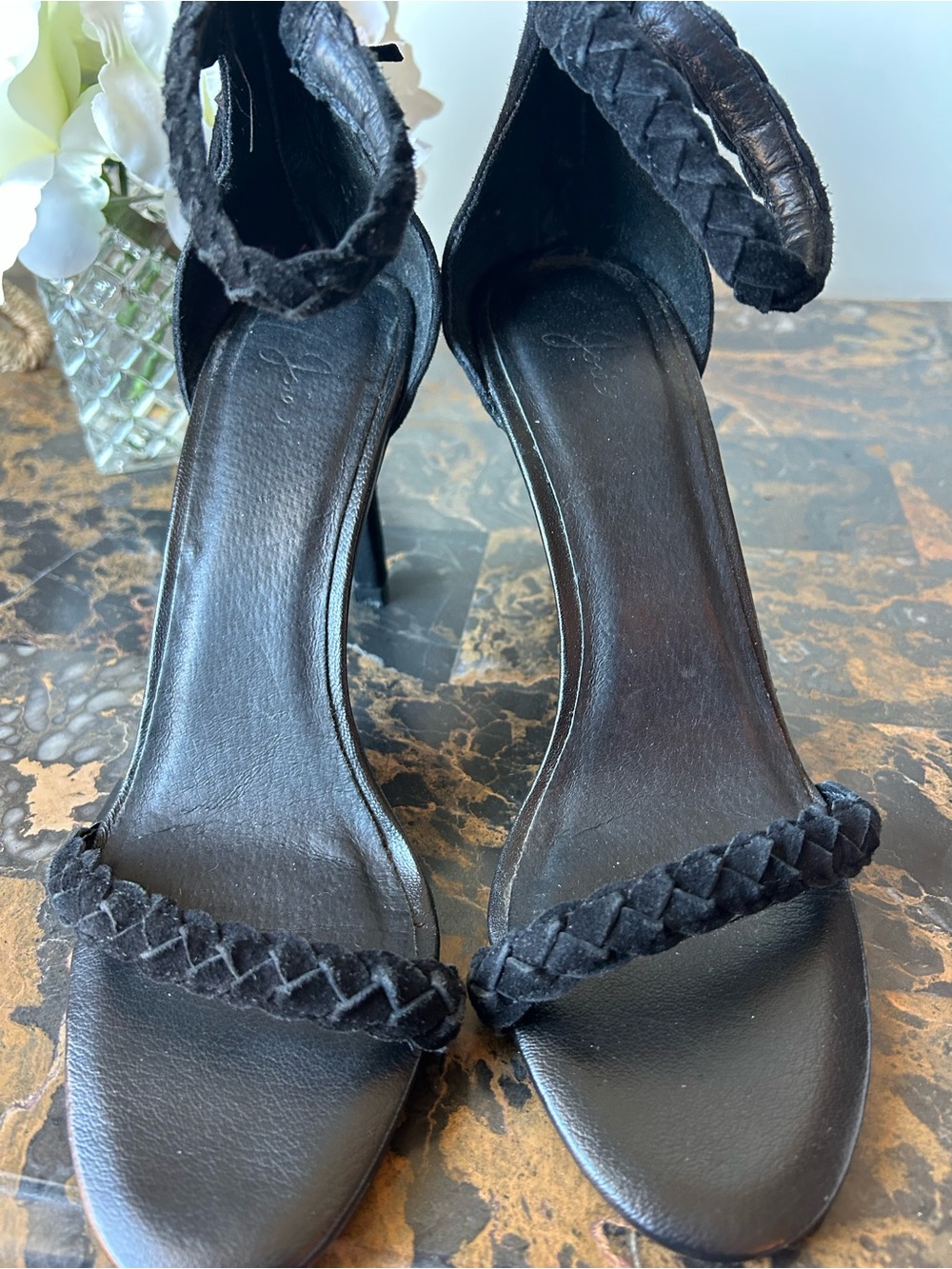 Joie Black Braided Strap Ankle-Heel Sandals